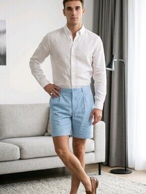 Lands‎ End Mens 42 Blue Shorts Traditional Fit Pleated 100% Cotton COMFORT Waist